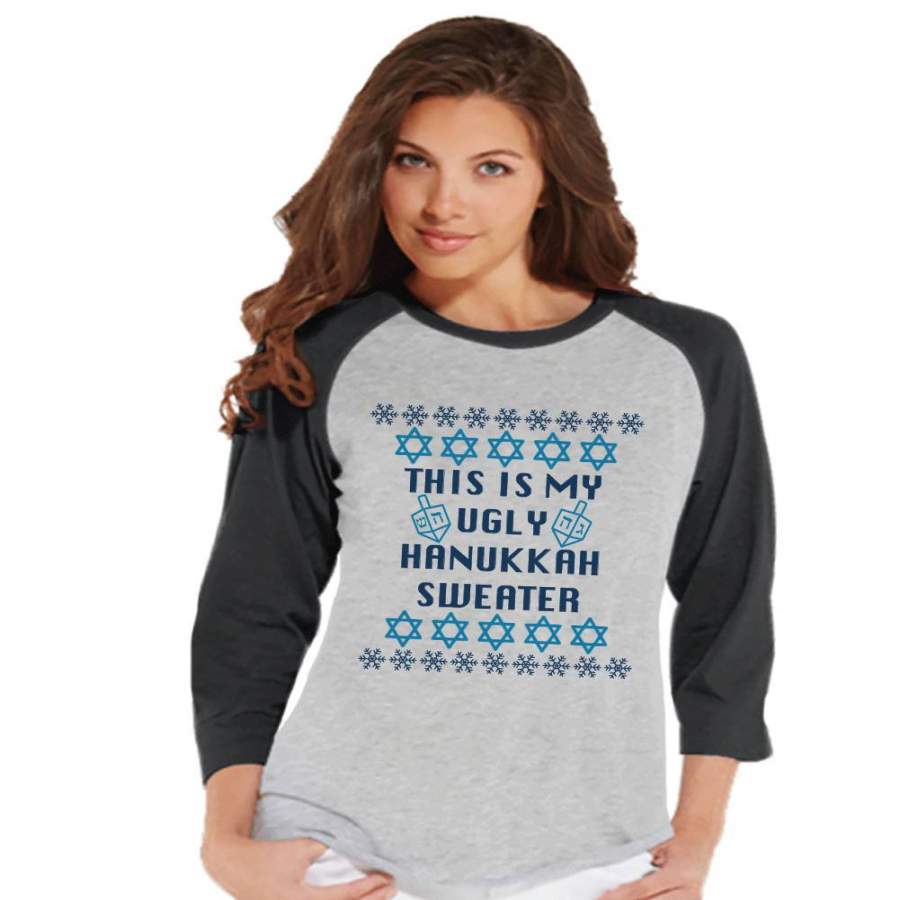 Ugly Hanukkah Sweater – Ladies Funny Ugly Sweater Baseball Tee – Funny Happy Hanukkah Outfit – Hanukkah Gift Idea – Ugly Sweater Party