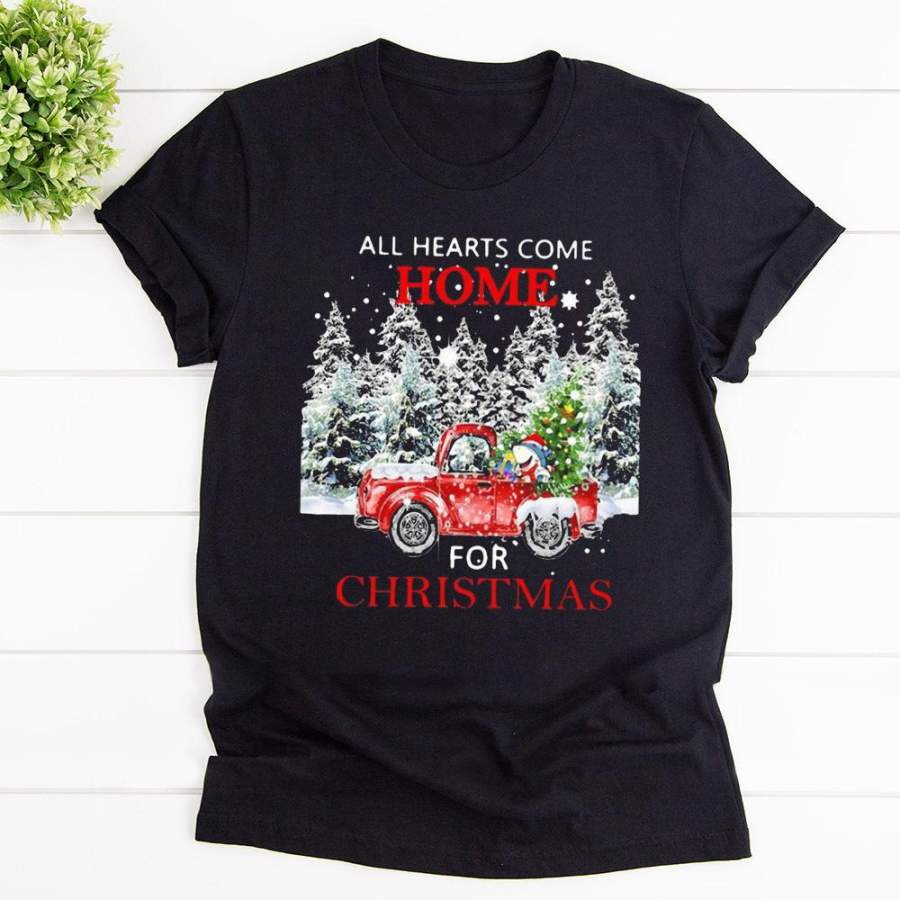 Shark red truck all hearts come home for christmas black cotton t shirt for men and women S-6XL