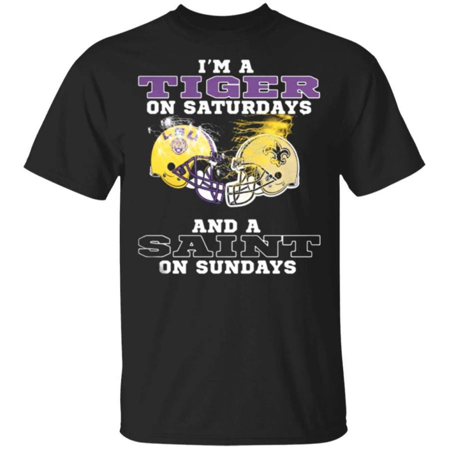 Awesome New Orleans Saints and Lsu tigers I’m a Tiger on Saturdays and a Saint on Sundays shirt