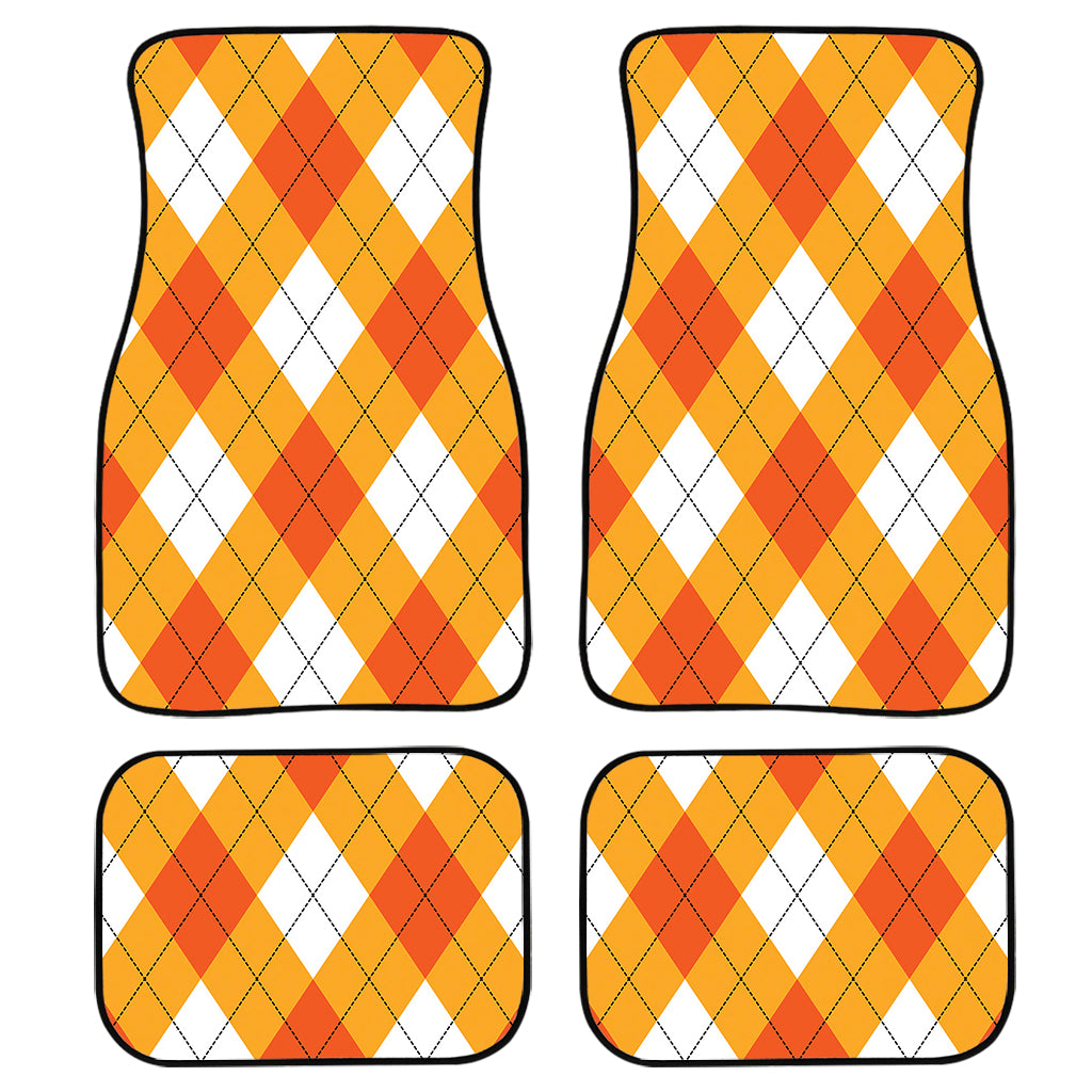 White And Orange Argyle Pattern Print Front And Back Car Floor Mats, Front Car Mat