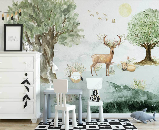 3D Watercolor Forest Animal Elk Wall Mural Wallpaper Lqh 37