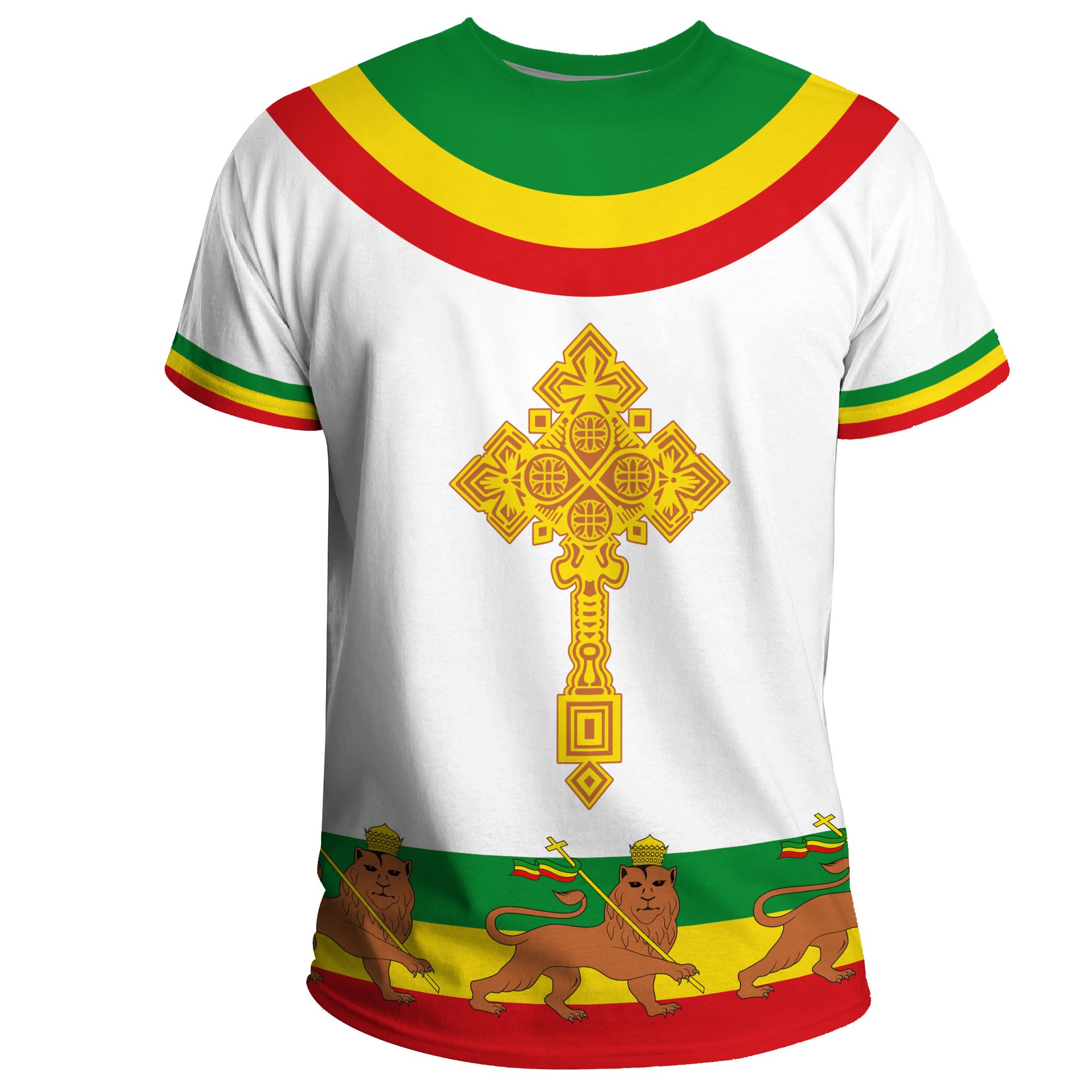 1stTheWorld Ethiopia T-shirt Cross Flag Lion White A10