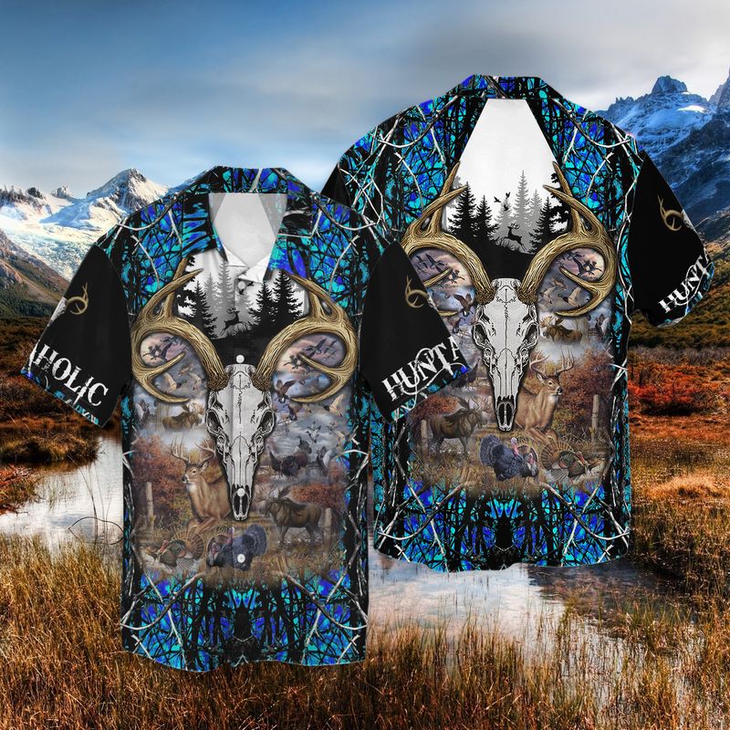 Huntaholic Deer Skull Blue Full Print Hawaii Shirt Ha60762