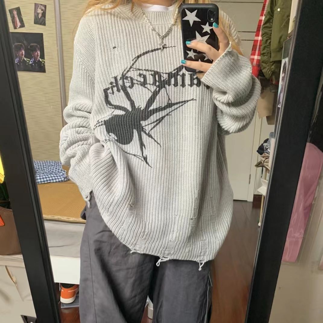 Sweater Spider Print Loose Knit Sweater Ripped Hole O-neck Long Sleeve Vintage Top Punk Aesthetic Sweater Y2K Gothic Clothes alx