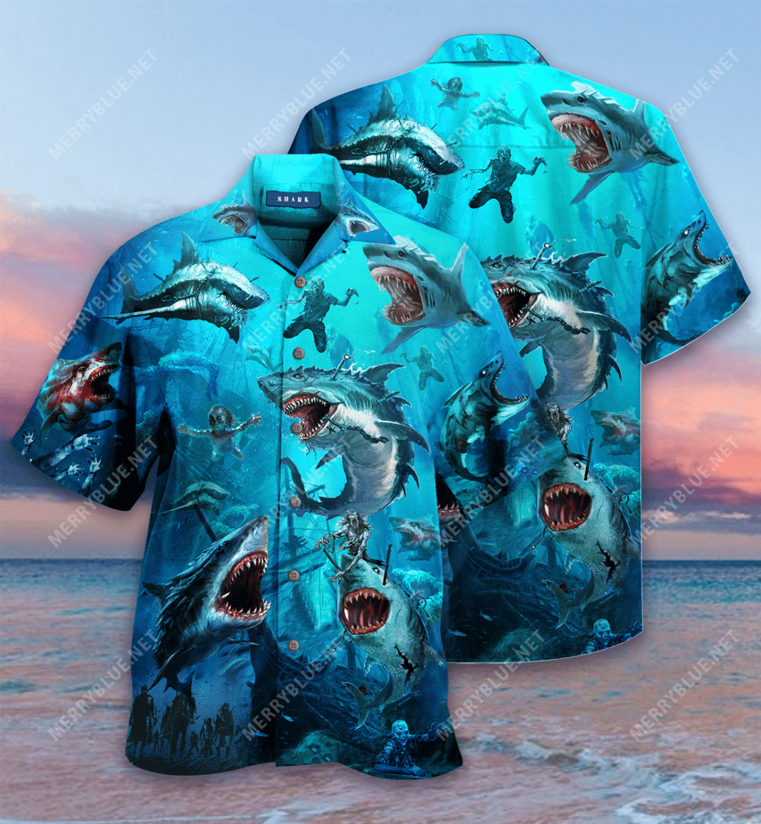 Check out this awesome Sharks And Zombies War Hawaiian Shirt