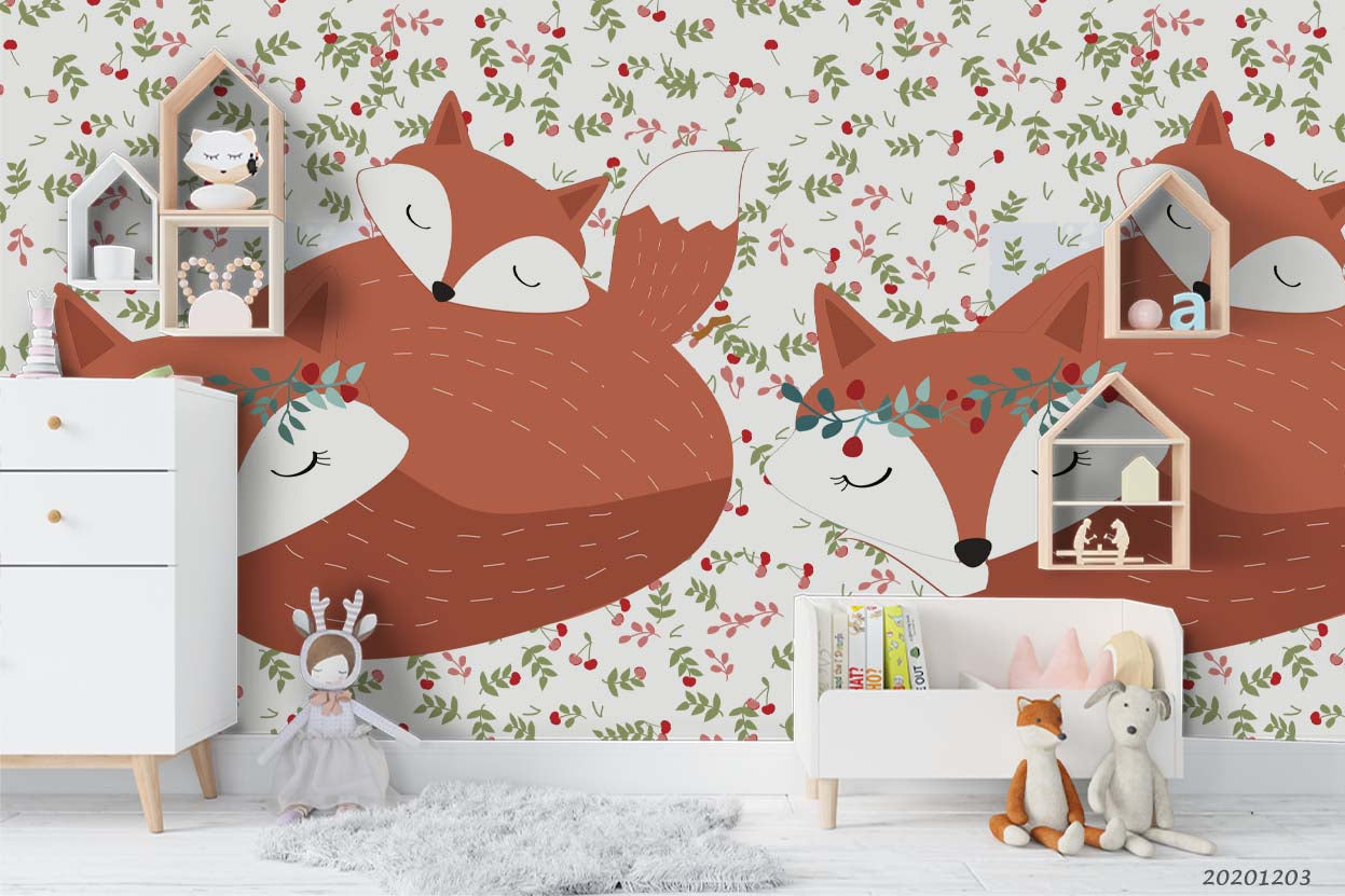 3D Cartoon Fox Animal Floral Leaves Plant Pattern Wall Mural Wallpaper Lxl