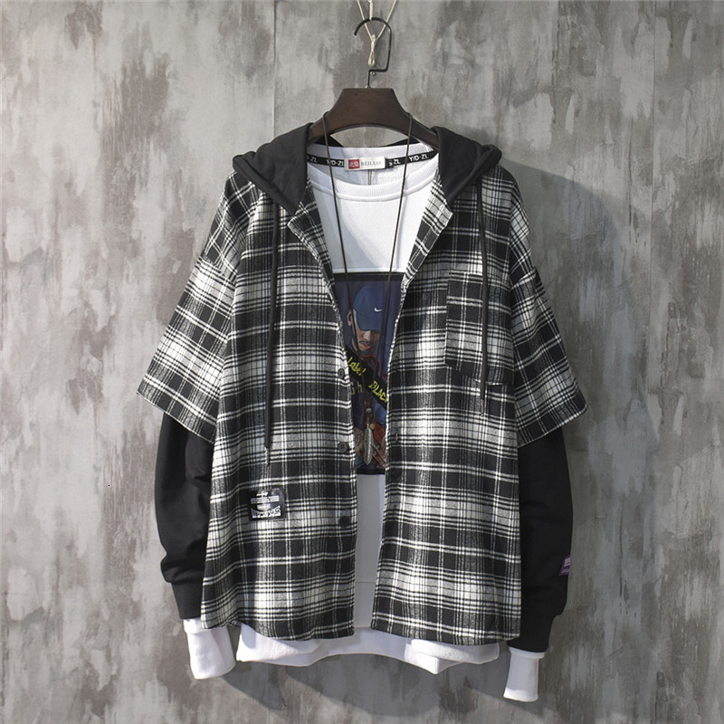 2022 New Fashion Autumn Hooded Collar Plaid Stitching Sweatshirt Men Japanese Tide Drawstring Loose Casual Hoodies 9A145 alx