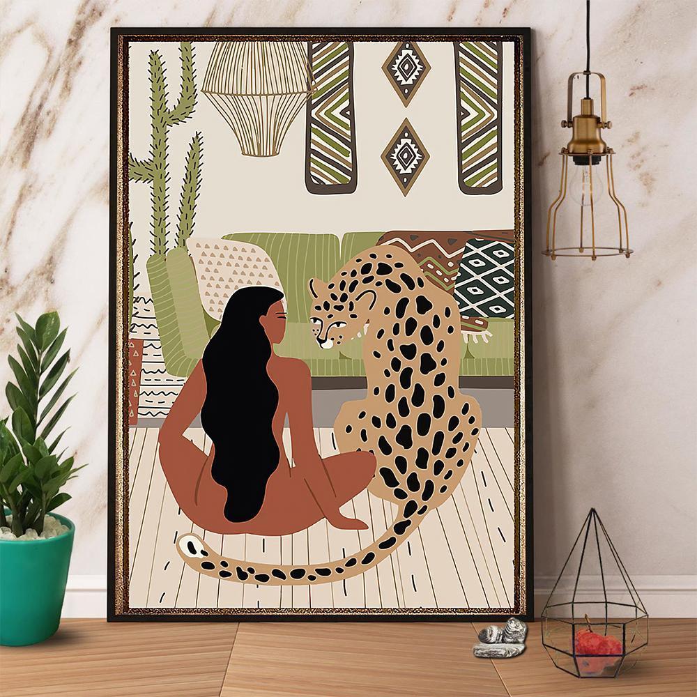 Black Girl And Her Leopard Satin Canvas Poster Wall Art