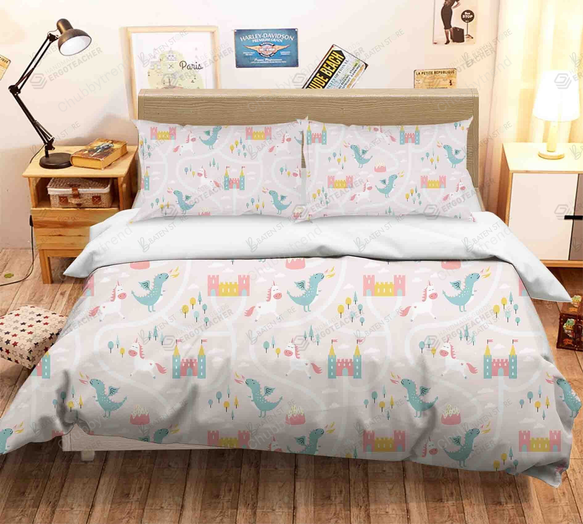 3D Dinosaur And Unicorn Castle Bed Sheets Duvet Cover Bedding Set Great Gifts For Birthday Christmas Thanksgiving