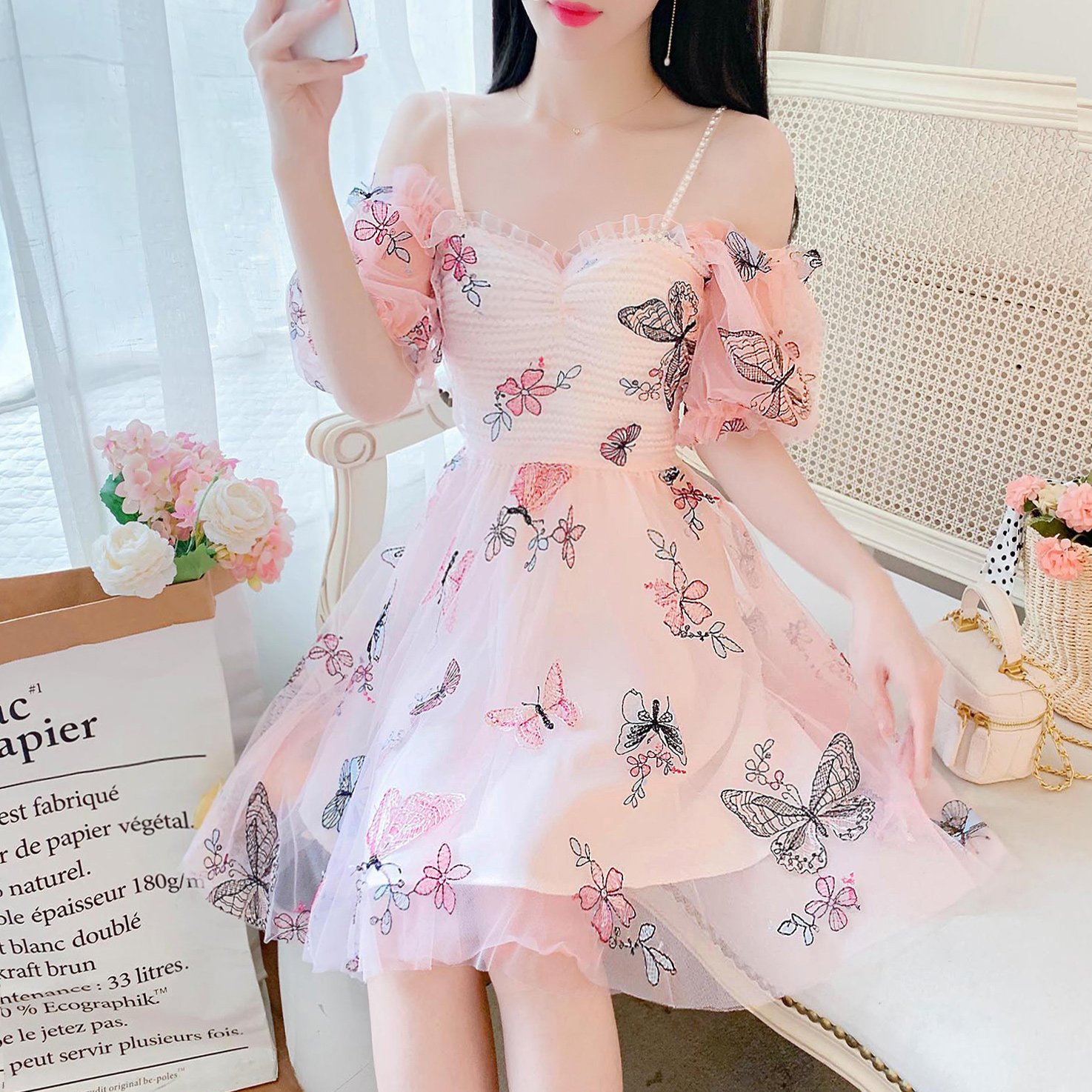 SWEETXUE Summer 2022 Sling Mesh Embroidered Butterfly One-Shoulder Dresses Japanese Lolita Style Women Kawaii Princess Vestidos alx