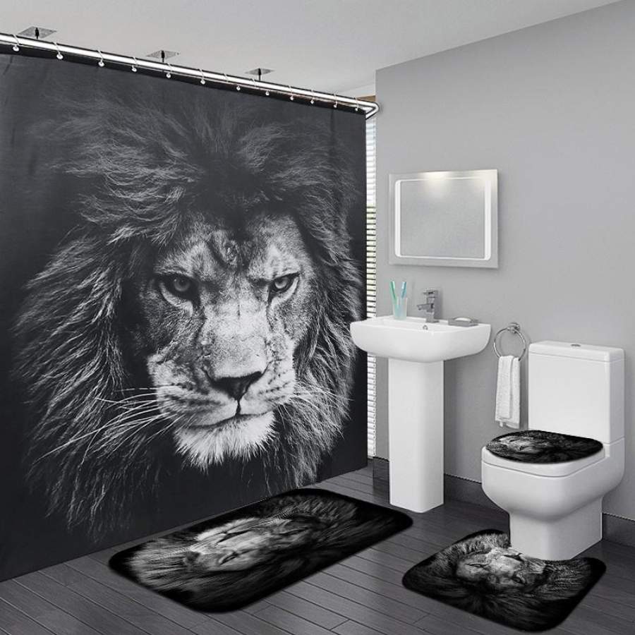 Cool Bathroom Decor Black Lion Skin Shower Curtain Non-slip Bath Math Rugs Toilet Seat Cover Carpets