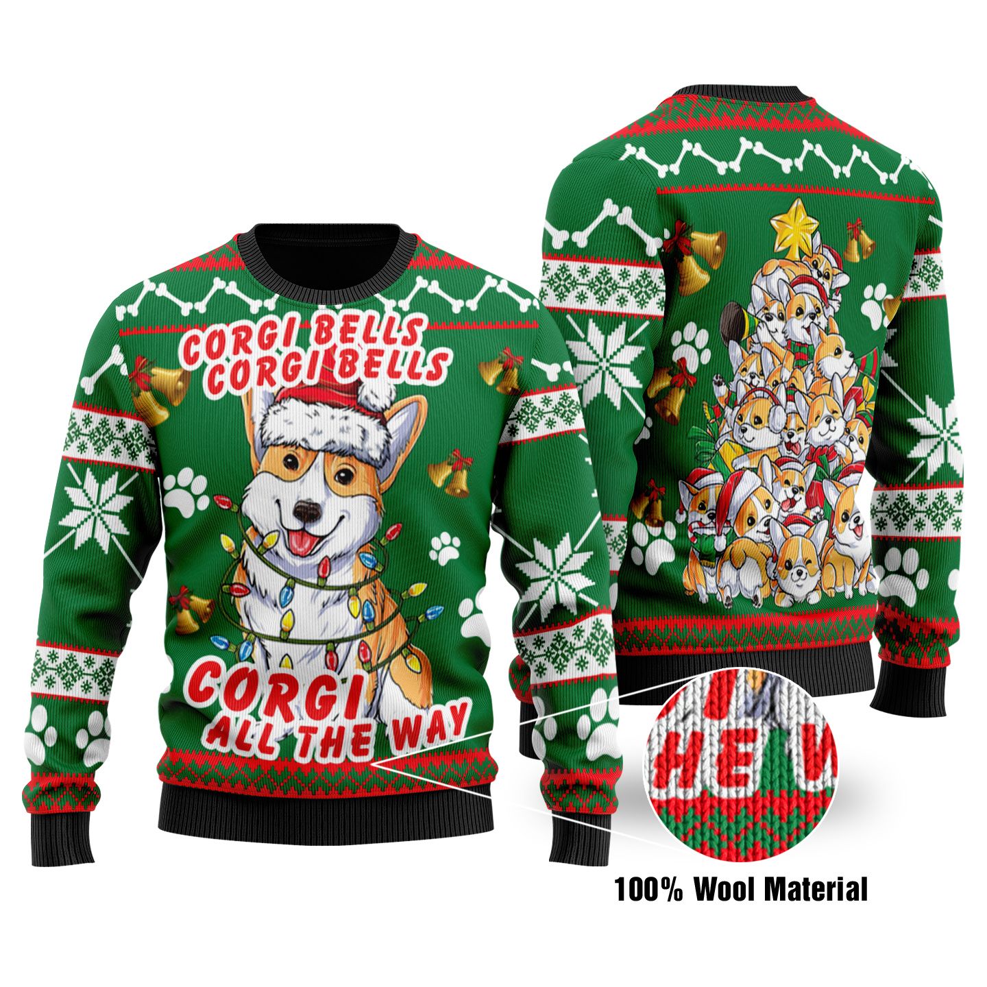 W Corgi Bells, Corgi All The Way Christmas 3D All Over Printed 100% Wool Material Sweater