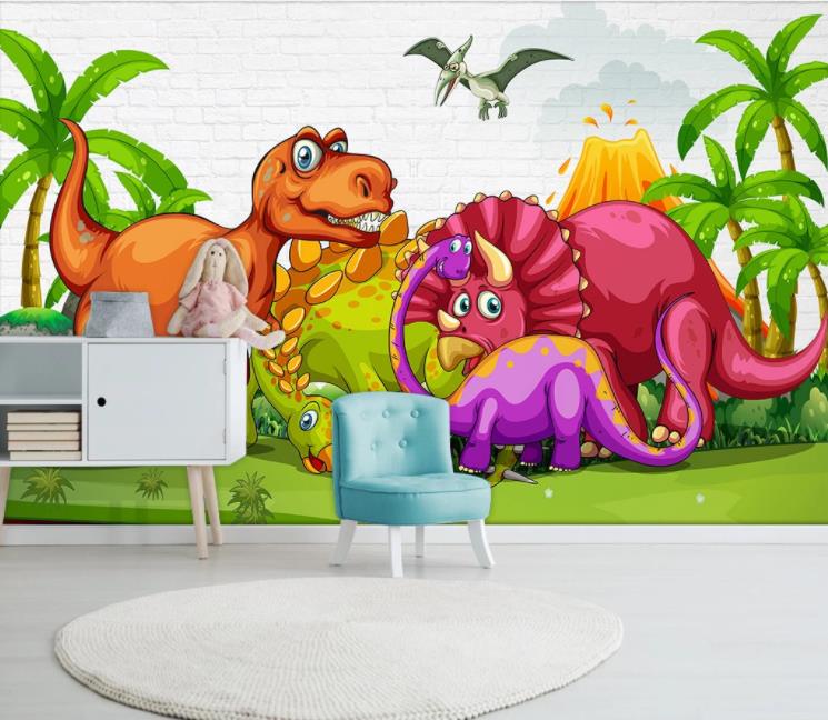 3D Hand Drawn Colored Animal Dinosaur Volcano Plant Wall Mural Wallpaper Lll 1416