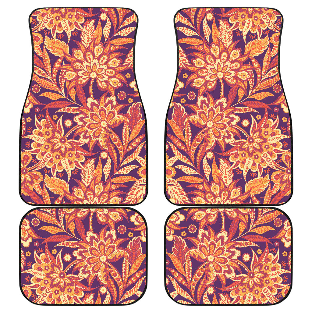 Orange Bohemian Floral Pattern Print Front And Back Car Floor Mats, Front Car Mat