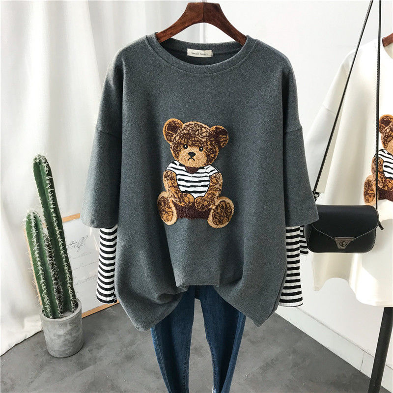 Women Long Sleeved Cotton T-shirt Summer Bear Embroidered Cartoon T Shirt Fake Two-Piece Loose Women Fashion Top Kawaii Clothes alx