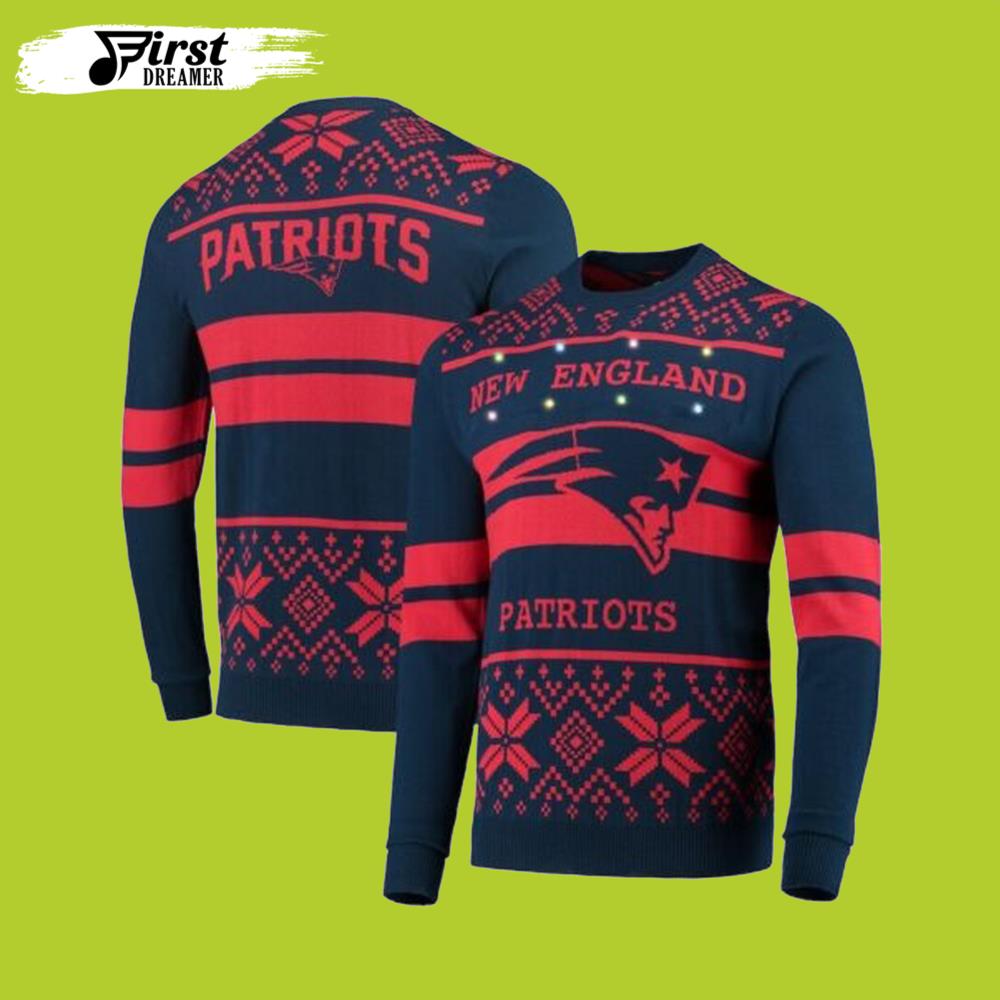 Men Navy Red New England Patriots Light Up Gift For Fan Ugly Wool Sweater Christmas