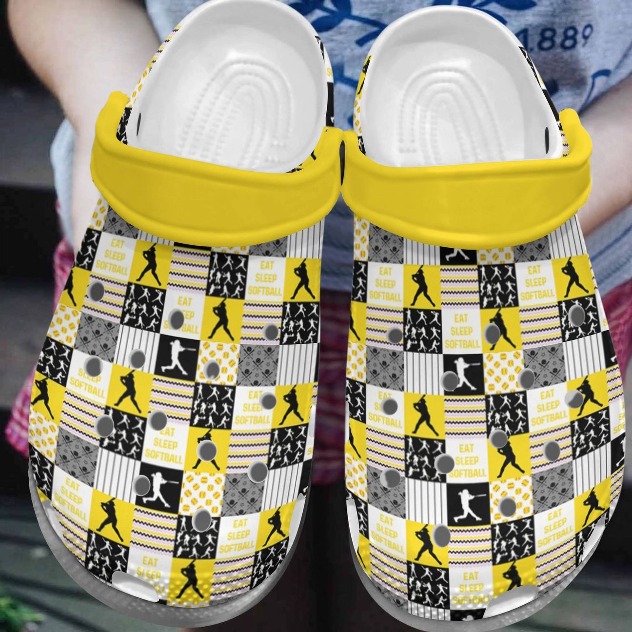 Softball Personalized Clog, Custom Name, Text, Color, Number Fashion Style For Women, Men, Kid, Print 3D Caro Yellow Pattern