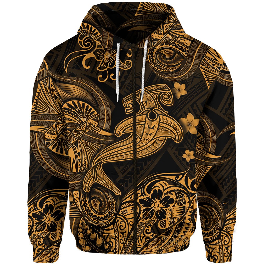 (Custom Personalised) Hawaii Hammer Shark Polynesian Zip Hoodie Unique Style – Gold Lt8