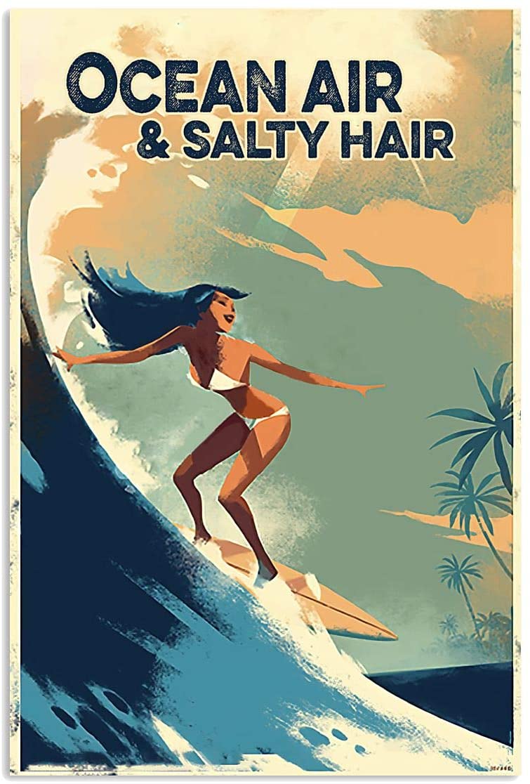 Vintage Girl Surfing Ocean Air Salty Hair Poster Art Print      Home Decor Gift For Men Women Family Friend On Birthday Xmas