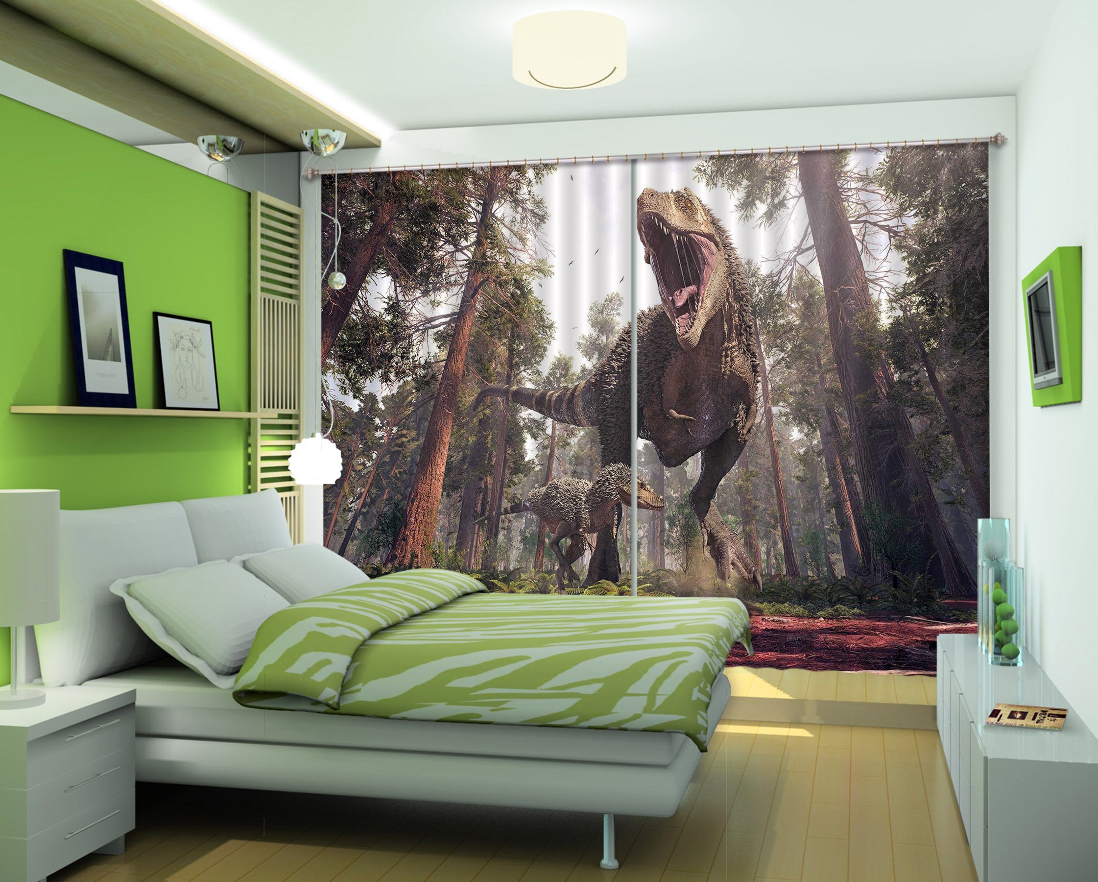 3D Dinosaur In The Forest C038 Blockout Photo Curtain Print Curtains Drapes Fabric Window | 3D Large Photo Curtain, Jess Art Decoration Wallpaper