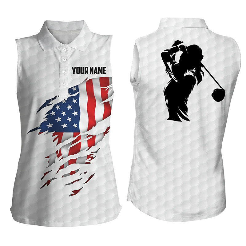 Womens Sleeveless Polo Shirt, American Flag Patriotic Golf Shirts, Custom Sleeveless Golf Tops For Women