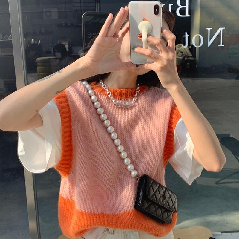 Chaleco Mujer Vintage Sweater Contrast Crop Top Outwear Slim Pullovers Striped Vest for Women Colete Feminino Y2k Clothes Knit alx