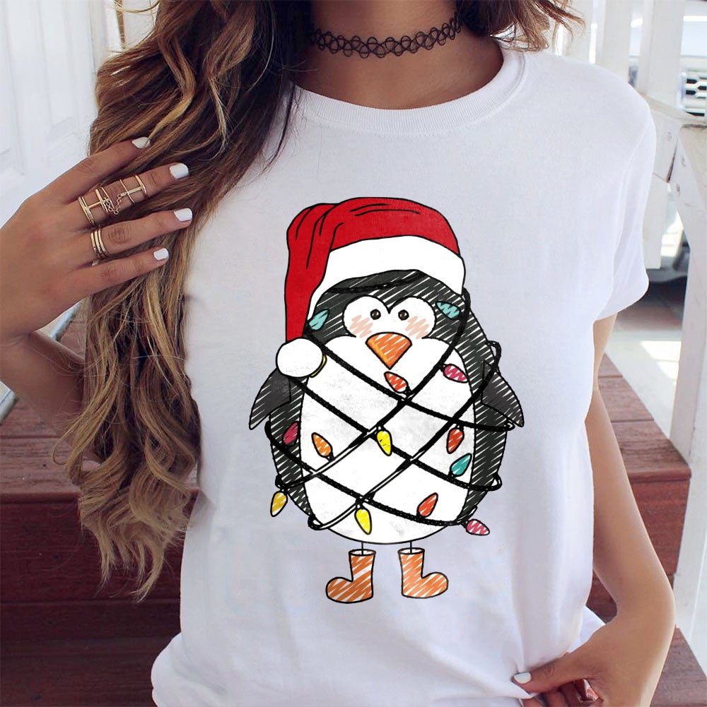 Cute Penguin Christmas Santa Hat And Xmas Light Graphic Unisex T Shirt, Sweatshirt, Hoodie Size S – 5XL