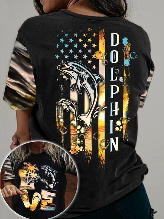 Dolphin Love American Flag Beach 3D T-Shirt