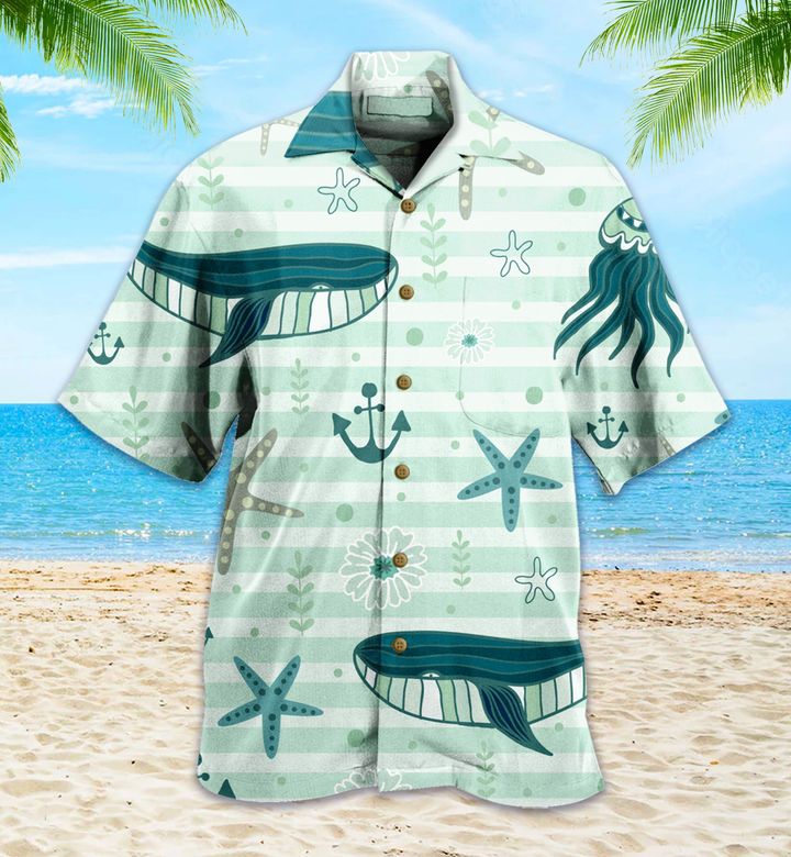 Pattern Cute Whales Jellyfishes Green Hawaiian Shirt 3D Summer Gifts