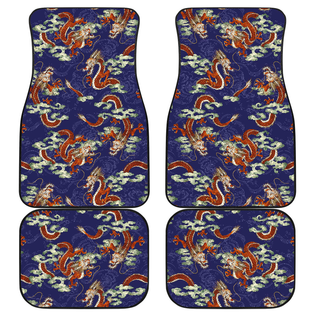 Orange Japanese Dragon Pattern Print Front And Back Car Floor Mats, Front Car Mat