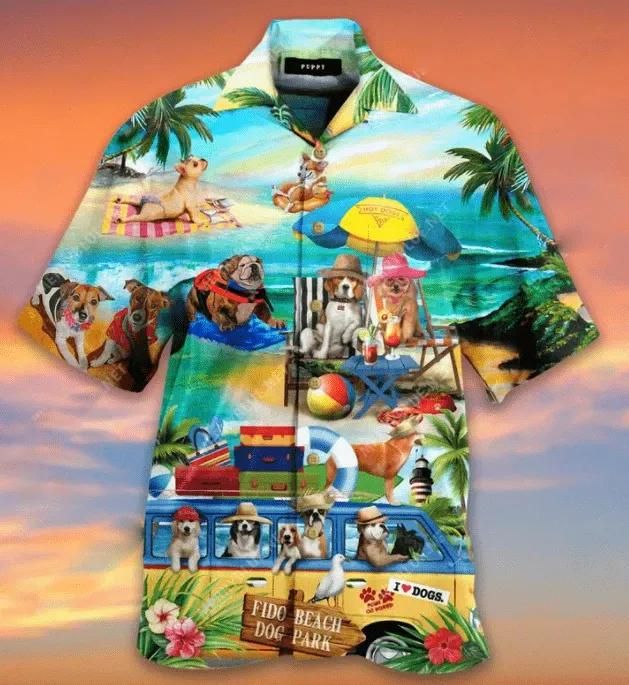 Puppy Dog In Fido Beach Park Aloha Hawaiian Shirt Colorful Short Sleeve Summer Beach Casual Shirt For Men And Women