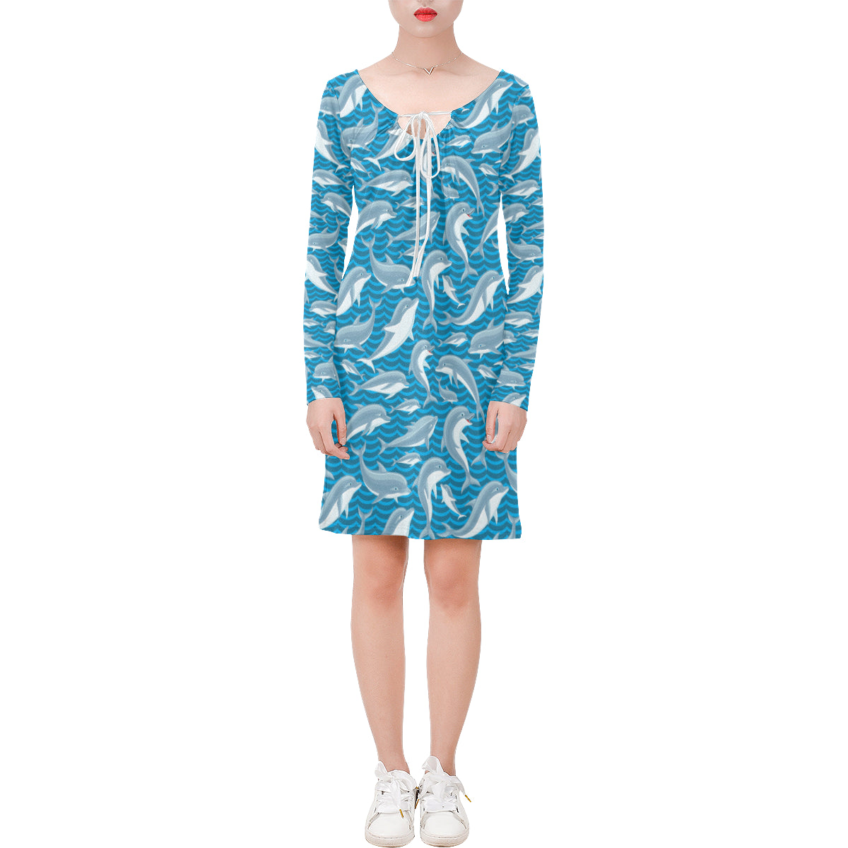 Dolphin Cute Print Pattern Long Sleeves Dress