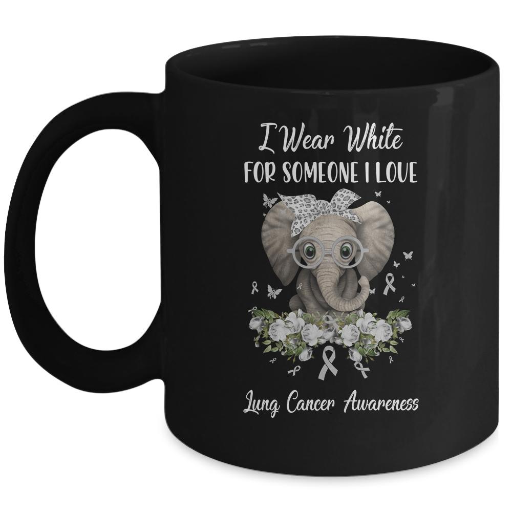 I Wear White For Lung Cancer Awareness Ribbon Elephant Mug