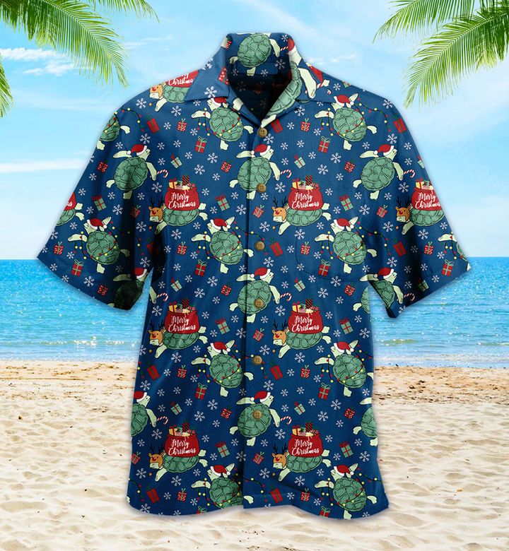 Christmas Reindeer Turtle Pattern Blue Hawaii Shirt Ha65079