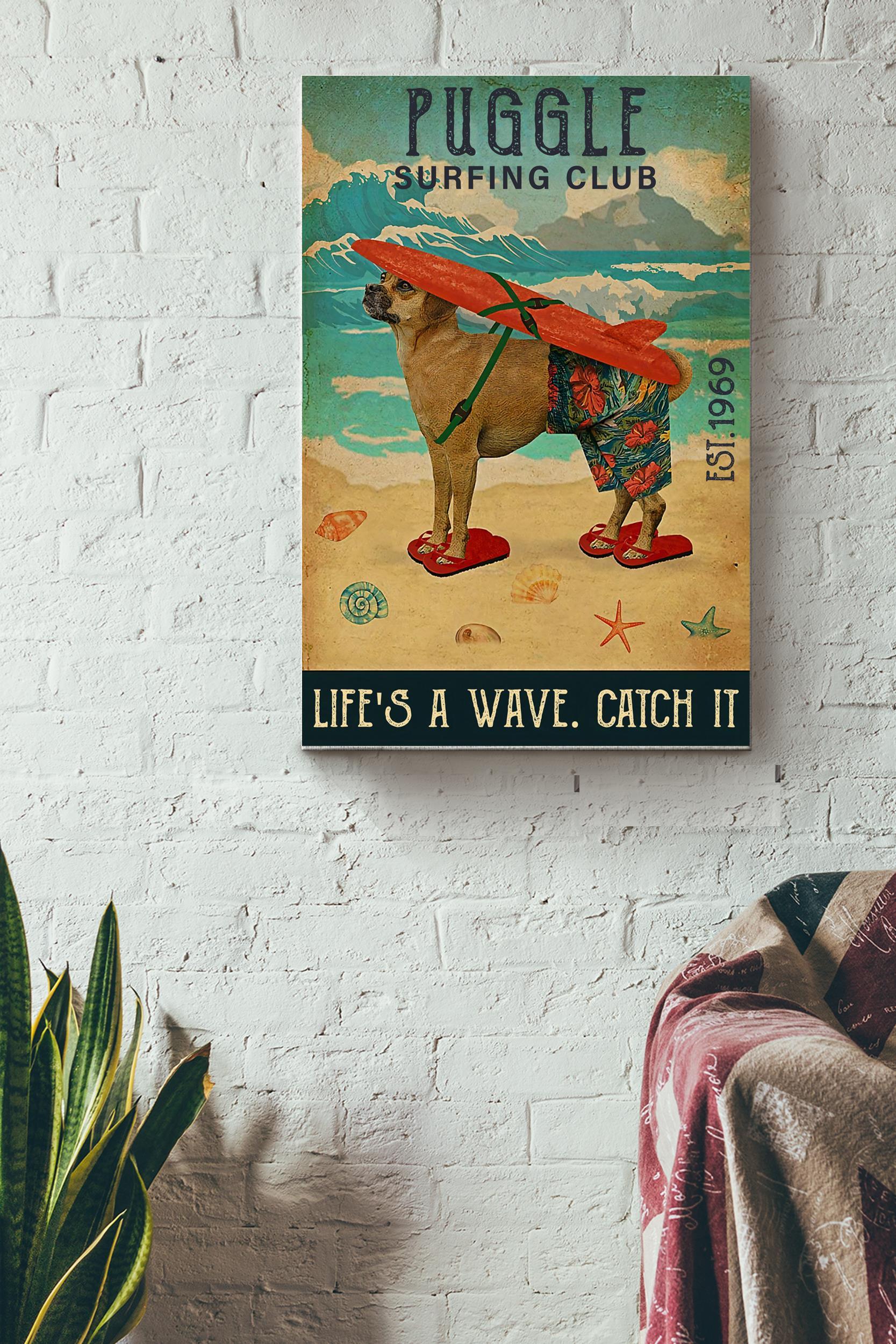 Puggle Surfing Club Poster – Animal Wall Art – Gift For Dog Lover, Swimmer, Home Decor, Dog Foster, Puppy Fan Wrapped Canvas