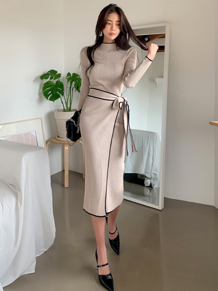 Vintage One-Piece Patchwork Slim Woman Dress Long Sleeve Knitted Midi Dress Women Sweater Knit Dress Elegant Autumn 2022 Clothes alx