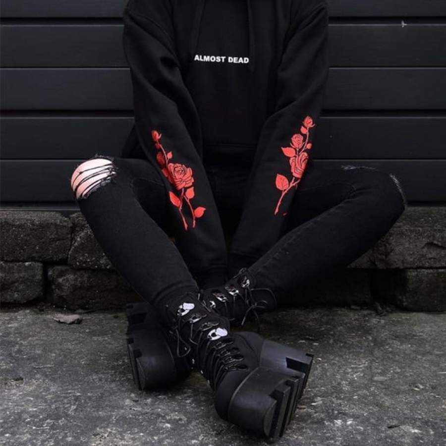 ALMOST DEAD Rose Pattern Hoodie