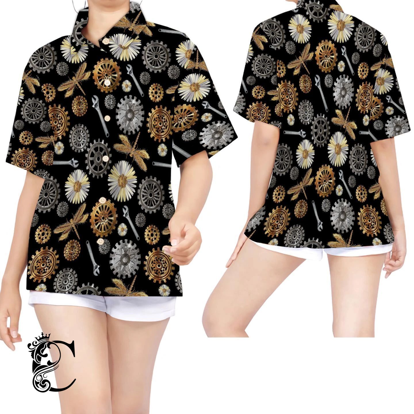 Beach Shirt Mechanic Pattern Women Black Hawaiian Shirt- Chillicothemall