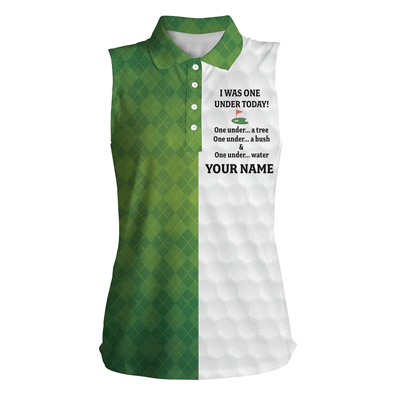 Green White Womens Sleeveless Polo Shirt, Custom I Was One Under Today One Under A Tree, A Bush & Water