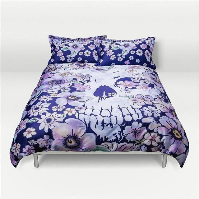 Blue Floral Digital Print Skull 3D Bedding Set