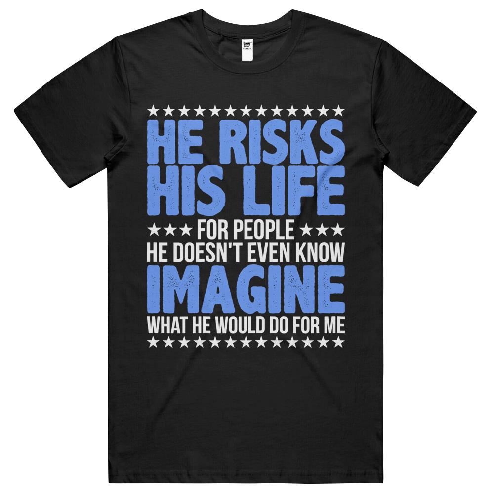 Womens He Risks His Life Police Girlfriend Wife Cop T Shirts