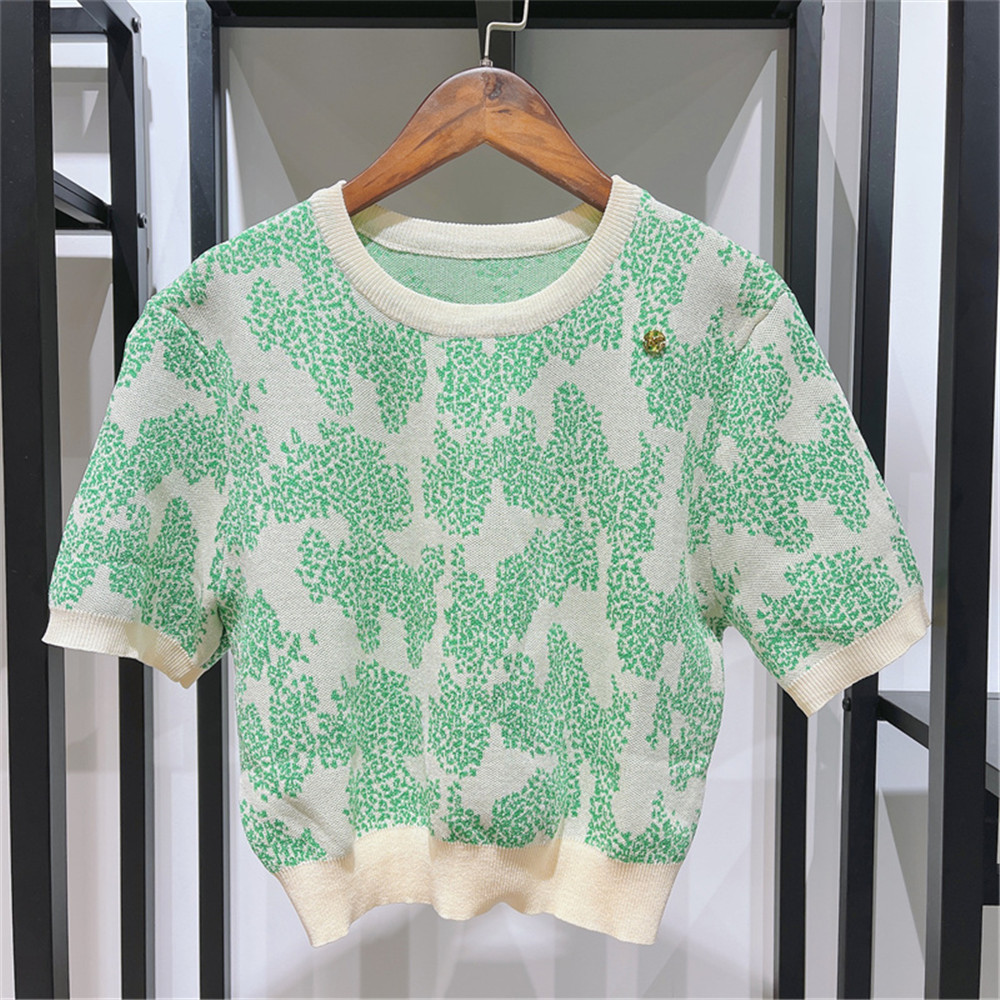 Vintage Green Jacquard Women Sweater o-Neck Jumper Short Sleeve Elegant Female Knitwear Cropped Top alx