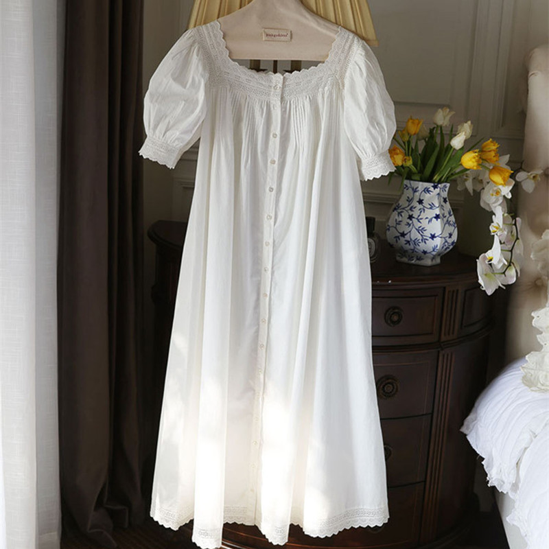 White Vintage Cotton Plus Size Nightgowns Women Summer Short Sleeve Nightdress Sweet Square Collar Long Nightie Loose Sleepwear alx