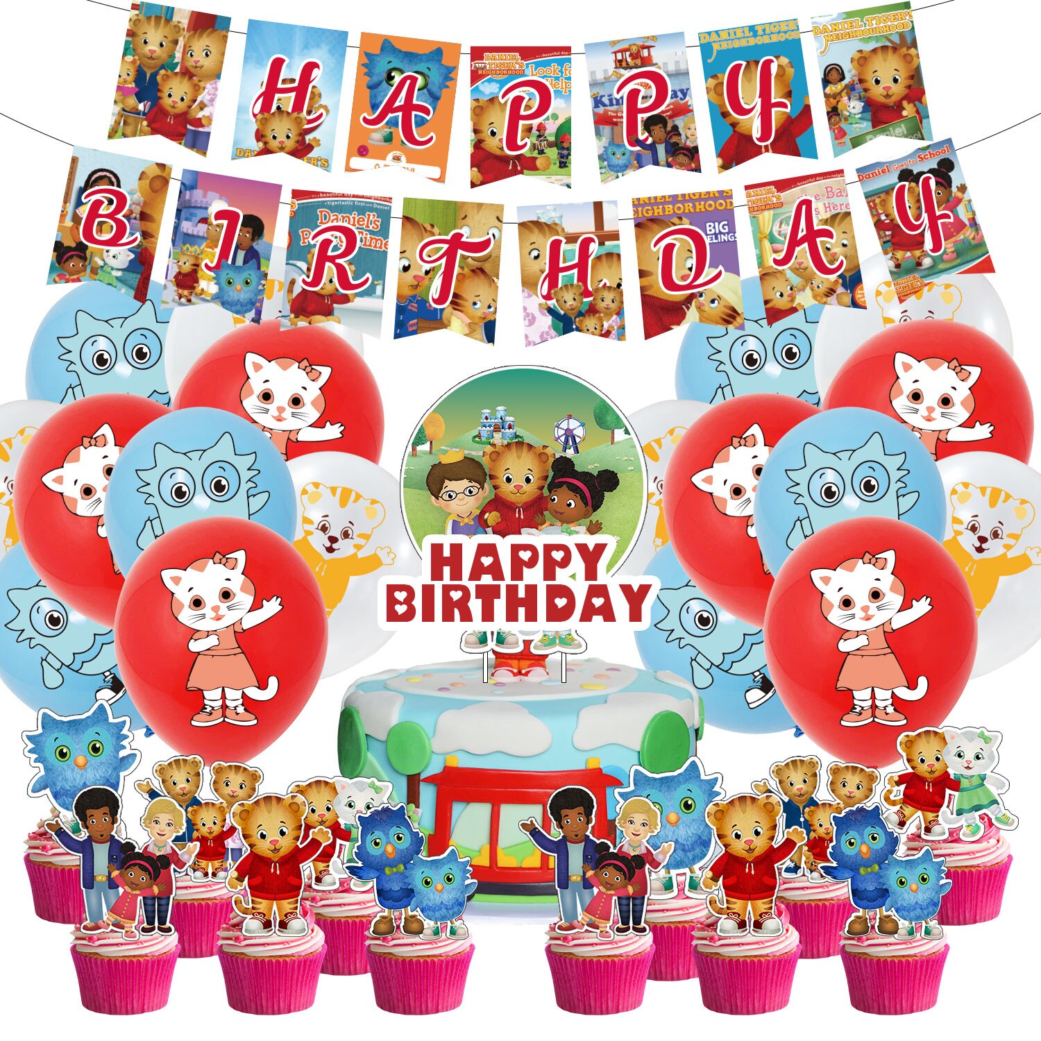 1set Daniel Tiger Balloons Cartoon Owl Tiger’s Neiborhood Theme Cake Topper Flag Happy Birthday Banner Party Decoration Ballons alx