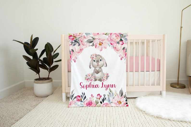 Baby Girl Personalized Name Blanket, Bunny Rabbit Blanket, Pink Floral Bunny Blanket, Custom Name Girl Gift, Baby Blanket With Name