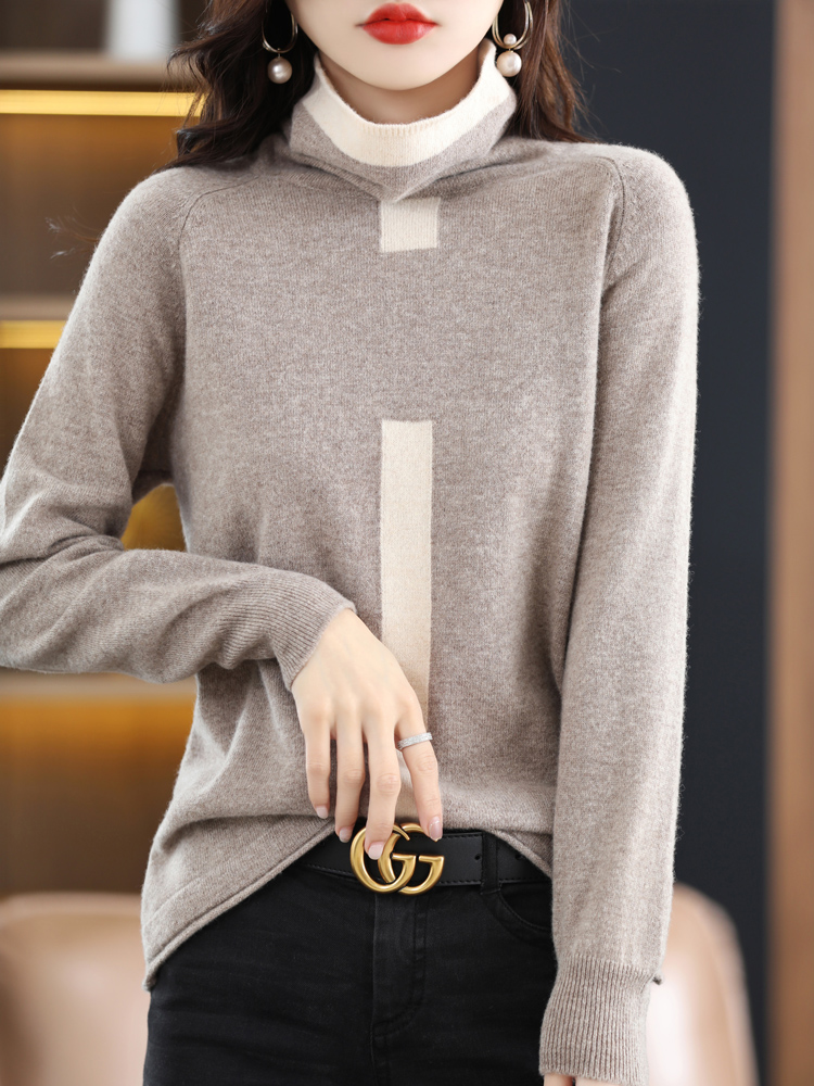 100% Merino Wool Sweater Ladies Pile Collar Pullover Tops Spring / Autumn New Colorblock Top Korean Style Fashion Tight and Thin alx