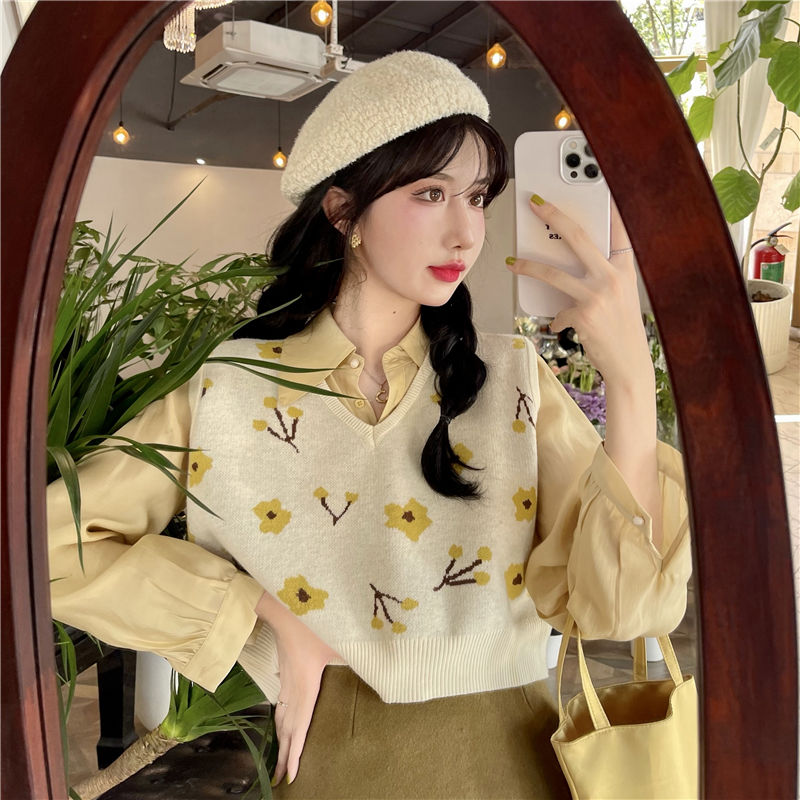 Sweater Vests Women Retro All-match Girls Flower Cropped Tops Outwear V-neck Sleeveless Fashion Ulzzang Chic Streetwear Knitted alx