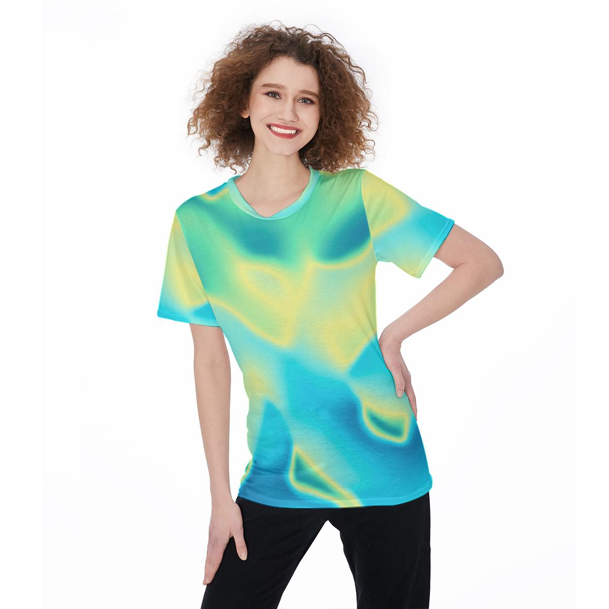 Abstract Holographic Iridescent Lemon Candy Cloud Print Women’S O-Neck T-Shirt