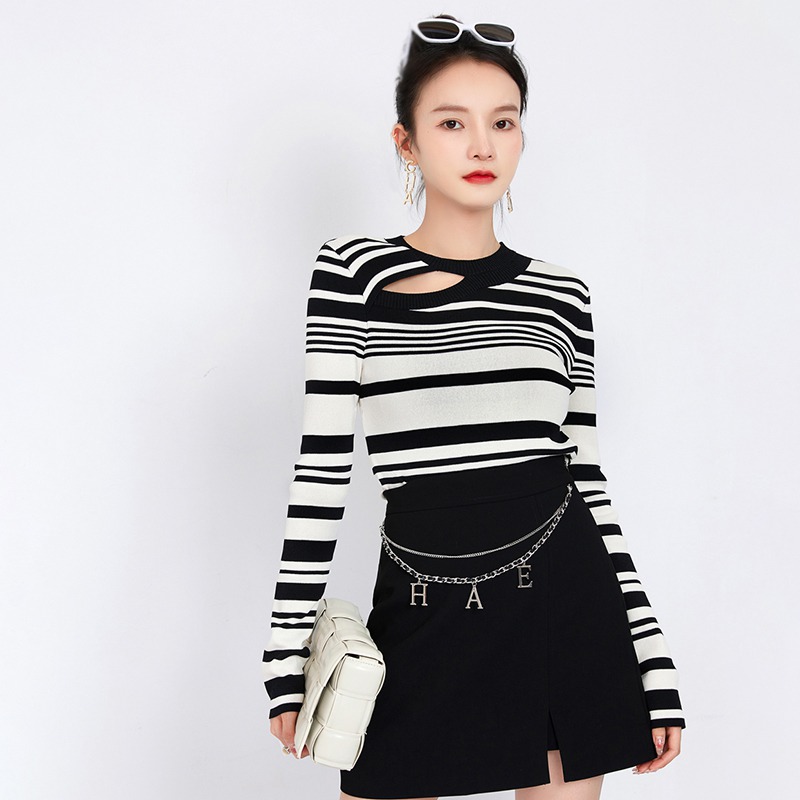 Womens Clothes Autumn Knitted Hollow Out Long Sleeve Tops Cardigans Spring Women’s Crop Top O Neck Stripped Sweater alx