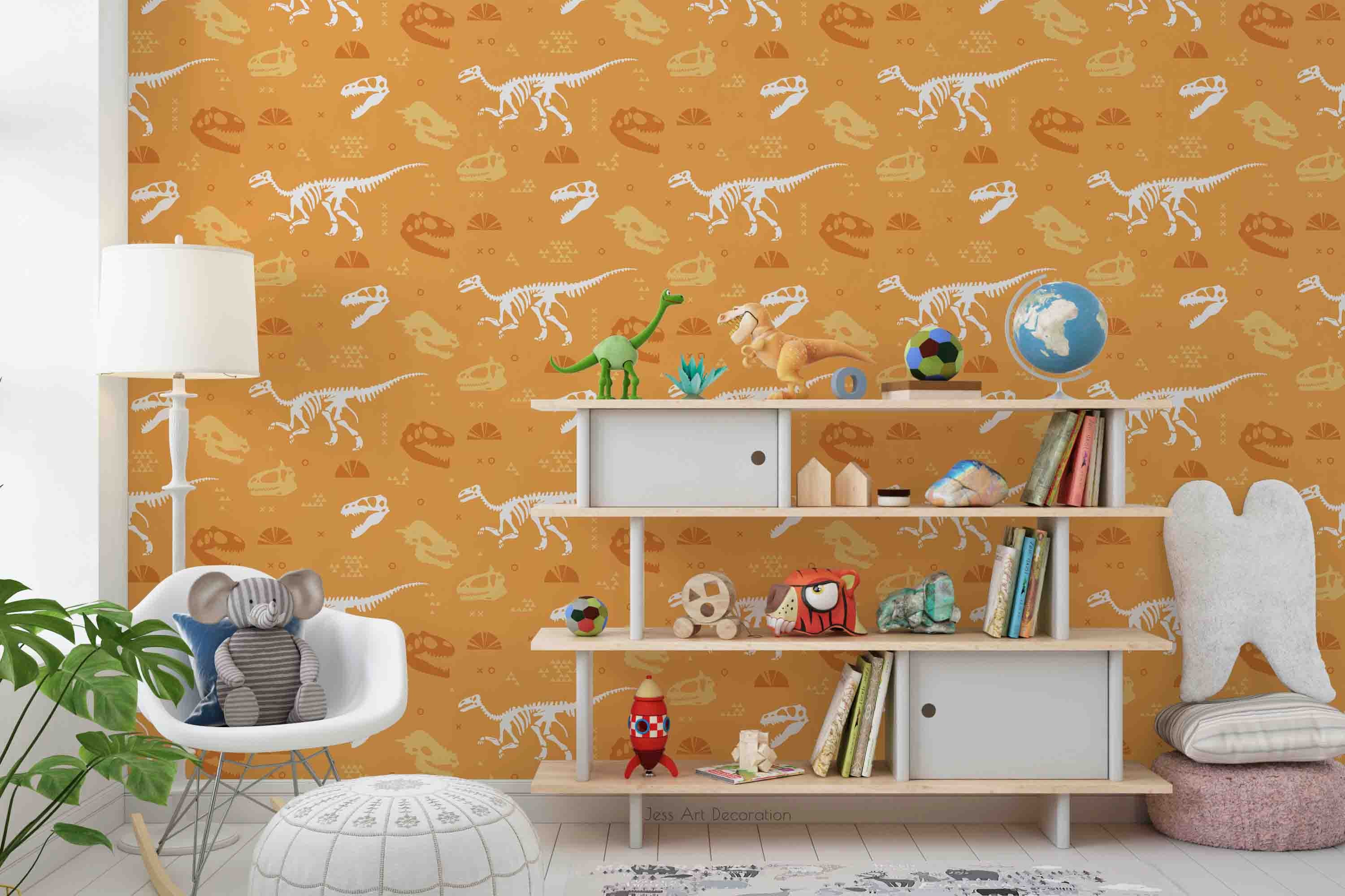 3D Dinosaur Skeleton Yellow Background Wall Mural Wallpaper Gd 3168